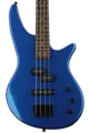 Blue electric bass guitar with a sleek design, featuring four strings and black pickups, set against a simple background: The Logo for DinoCProductions.